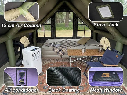 Luxury Inflatable Glamping Tent with Stove Jack & AC Port, 4-Season Waterproof Family Camping Air Tent, Fast Setup Air Beam Cabin Shelter