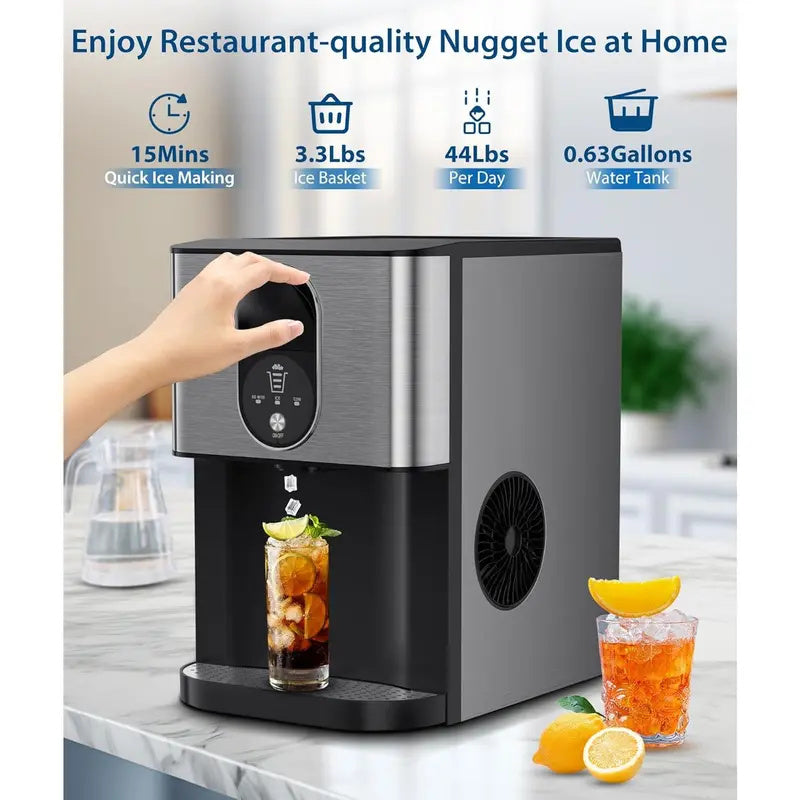 Nugget Ice Maker Countertop, 44lbsDay Pebble Ice Machine with 3.3lbs Storage, 15 Mins Quick Freeze, Self-Cleaning Chewable Sonic Ice Maker for Home Bar, Cocktails & Iced Coffee