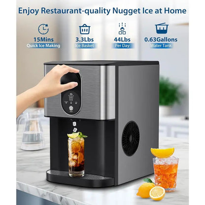Nugget Ice Maker Countertop, 44lbsDay Pebble Ice Machine with 3.3lbs Storage, 15 Mins Quick Freeze, Self-Cleaning Chewable Sonic Ice Maker for Home Bar, Cocktails & Iced Coffee