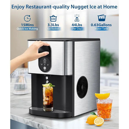 Nugget Ice Maker Countertop, 44lbsDay Pebble Ice Machine with 3.3lbs Storage, 15 Mins Quick Freeze, Self-Cleaning Chewable Sonic Ice Maker for Home Bar, Cocktails & Iced Coffee