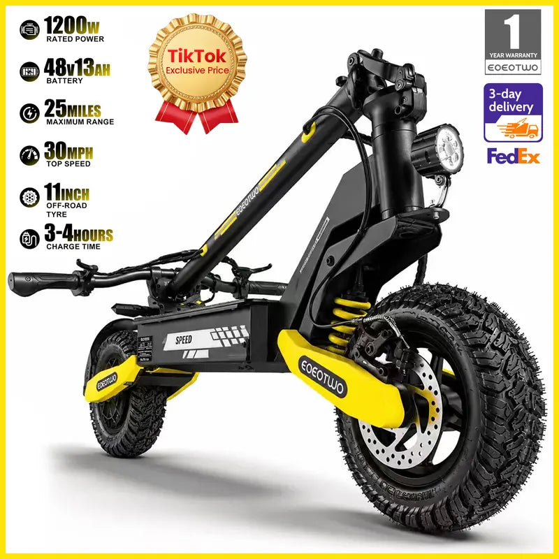 Off-Road Electric Scooter for Adults - 1200W Motor, 30 MPH Top Speed, 25-40 Miles Long Range, 11 Off-Road Tires, Foldable Commuter E-Scooter with C-Shape Front & Rear Suspension
