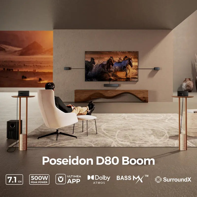 Poseidon D80 BOOM 7.1ch Dolby Atmos TV Soundbar System – 2025 Home Theater with 4 Wired Surround Speakers, Subwoofer, 12 Bass Settings, HDMI eARC, Bluetooth & App Control