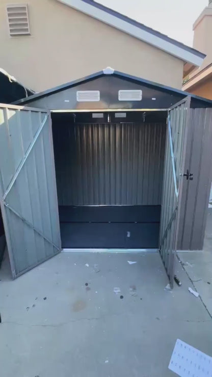8x6 FT Metal Outdoor Storage Shed, Heavy-Duty Galvanized Steel Tool Shed with Sloped Roof, Air Vents & Lockable Double Doors for Backyard, Lawn Mower, Bike (Brown)