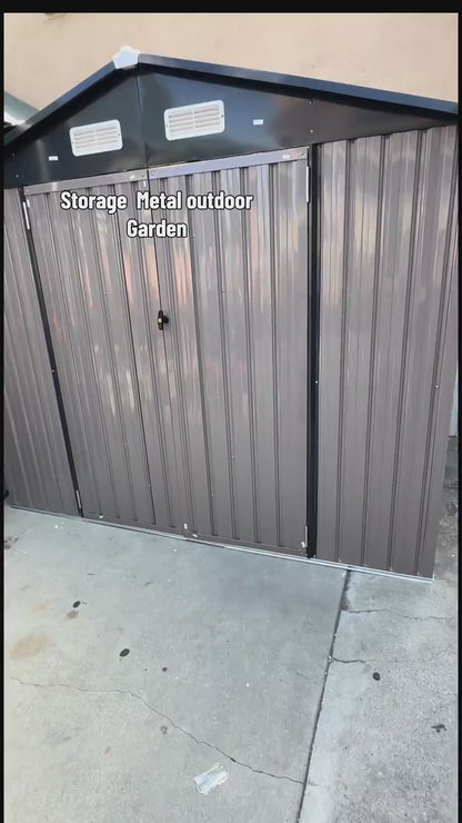 8x6 FT Metal Outdoor Storage Shed, Heavy-Duty Galvanized Steel Tool Shed with Sloped Roof, Air Vents & Lockable Double Doors for Backyard, Lawn Mower, Bike (Brown)